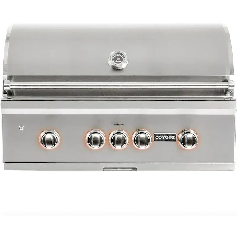 A grill with four burners and two grills on top.